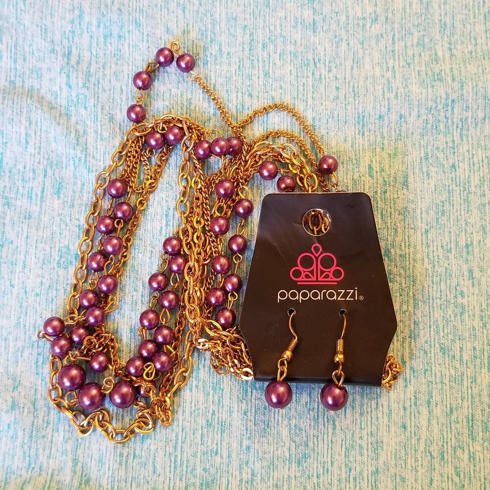 Paparazzi Set Earrings Necklace Purple Gold